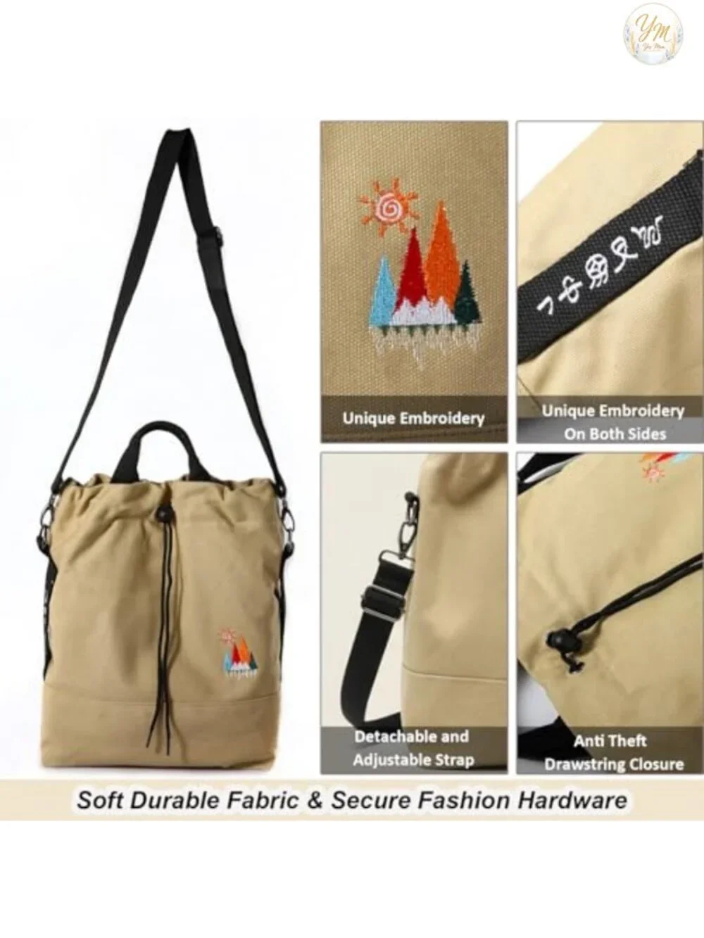 Canvas Crossbody Bag for Women Tote Shoulder Handbag Embroidery Slouchy Hobo